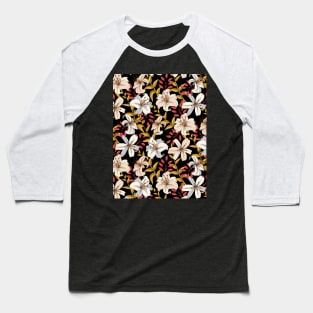 Lily Flower Pattern On Black Baseball T-Shirt